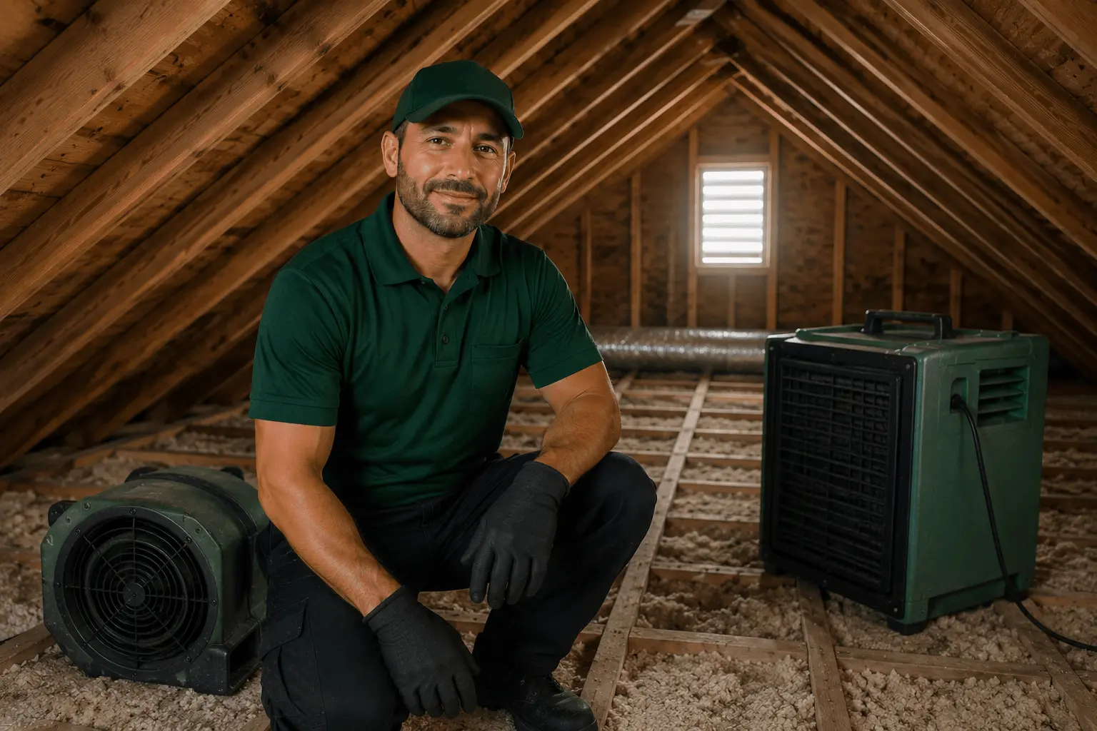 IICRC certified attic mold removal technician with equipment in a Florida home