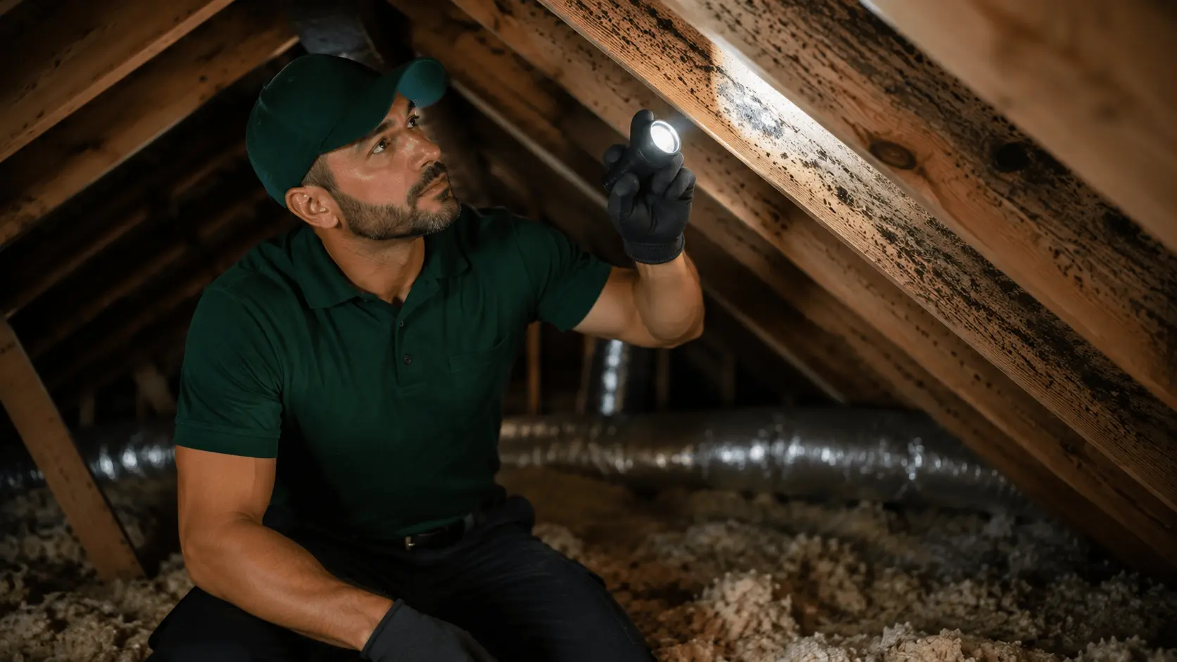 Attic mold removal technician treating mold on roof sheathing and rafters in a Florida home