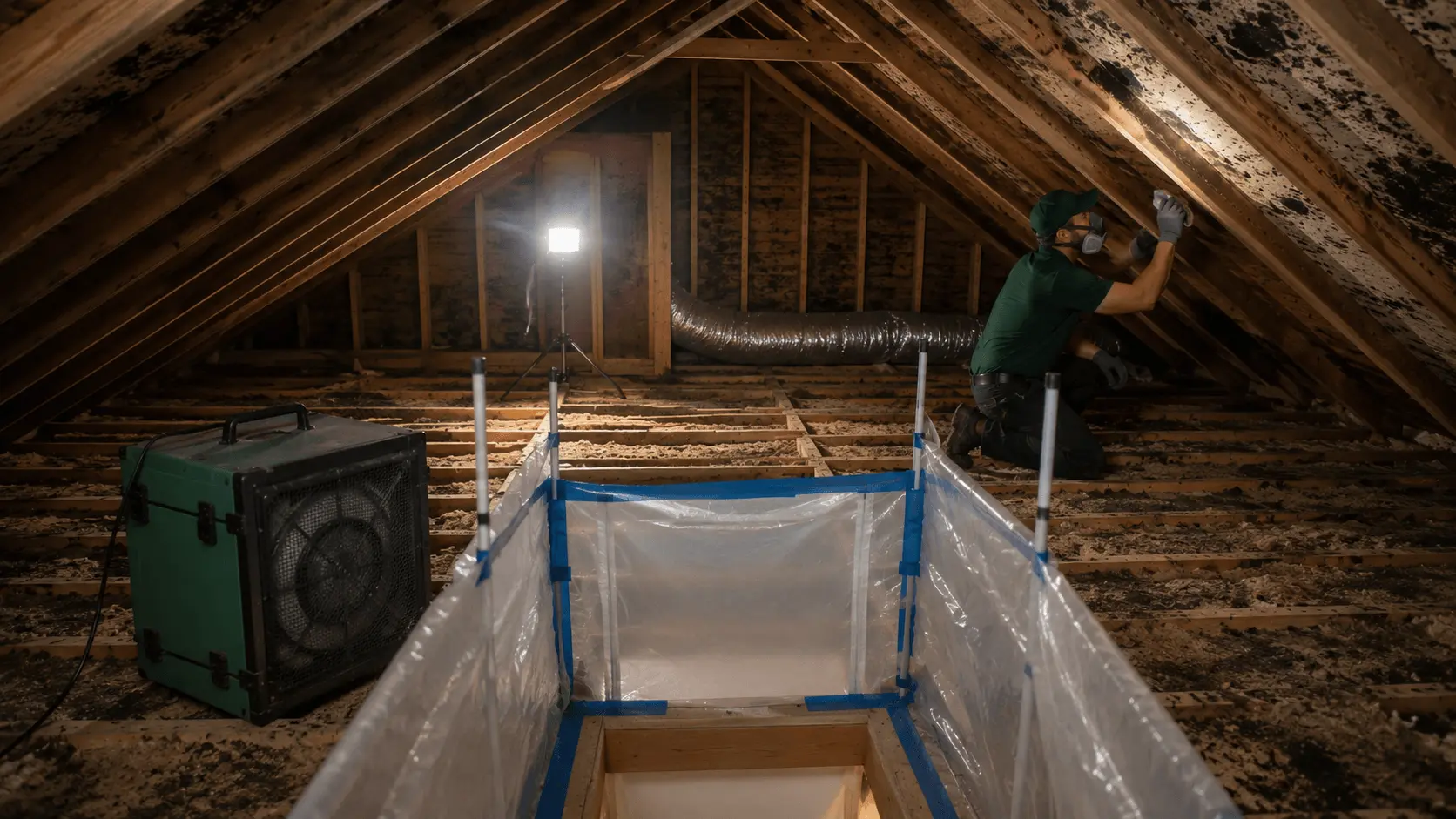 Attic mold remediation in progress with HEPA equipment and insulation removal in a Florida home