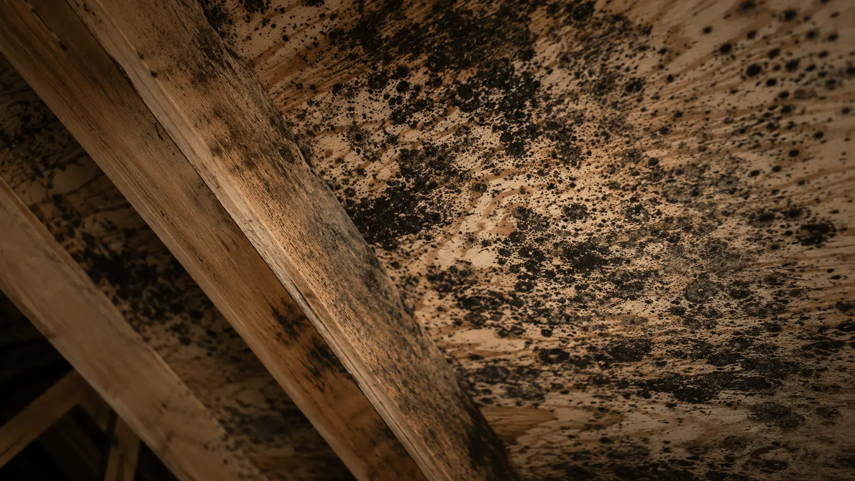 Black mold on attic roof sheathing and wood rafters before professional removal in Florida