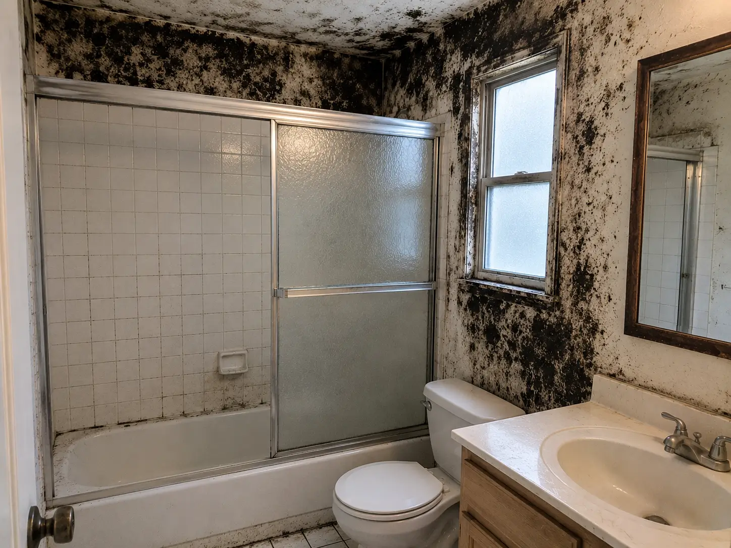 Bathroom with black mold on wall before professional mold removal in Florida