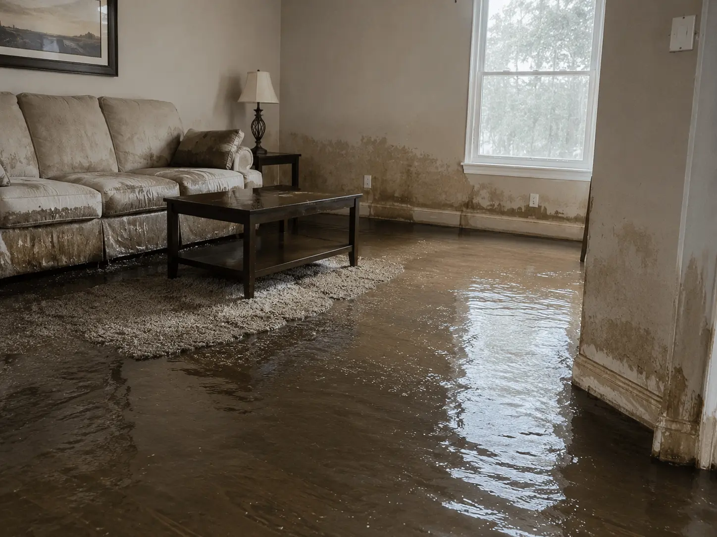 Flooded living room with water damage before restoration in Florida