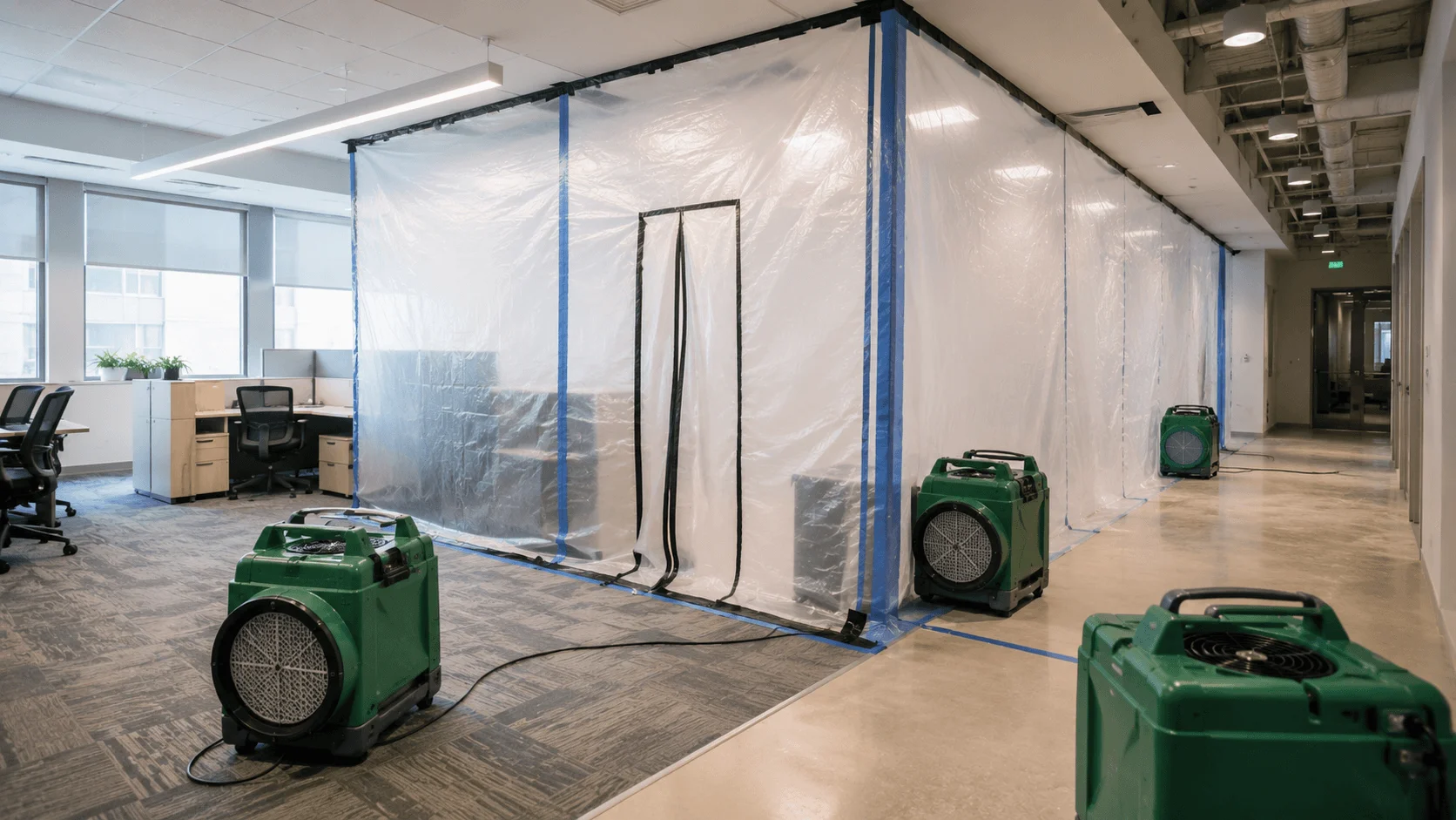 Commercial mold remediation with containment barriers and HEPA equipment in a Florida facility