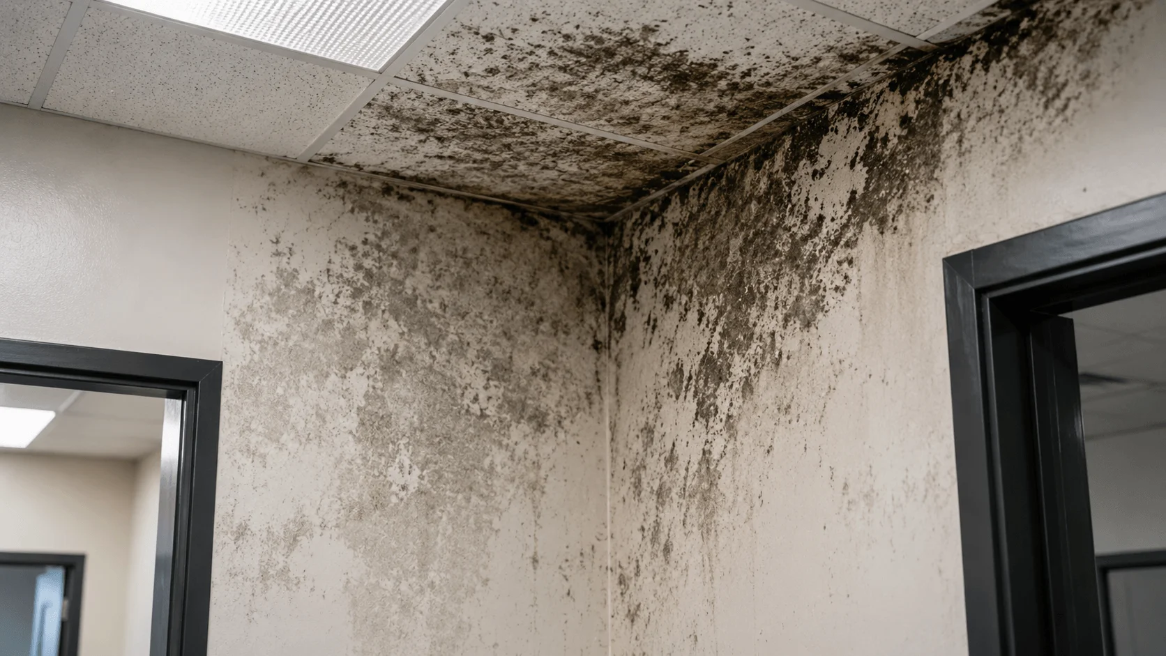 Mold contamination in a commercial building wall before professional remediation in Florida