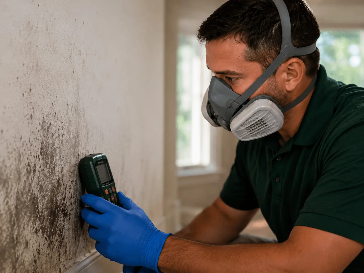 Mold remediation technician inspecting a humid Florida home in Alachua County