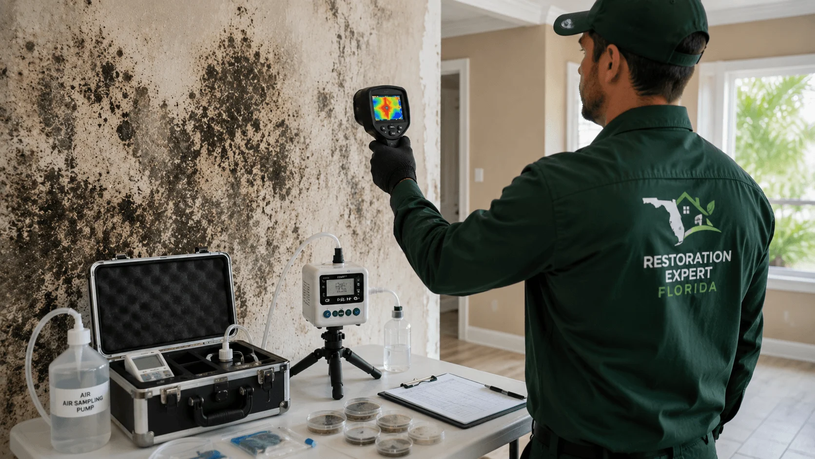 Professional mold inspector using thermal imaging camera and air sampling equipment in Florida