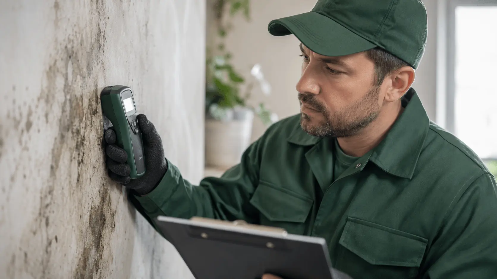 Certified mold inspector examining a wall with professional equipment in a Florida home
