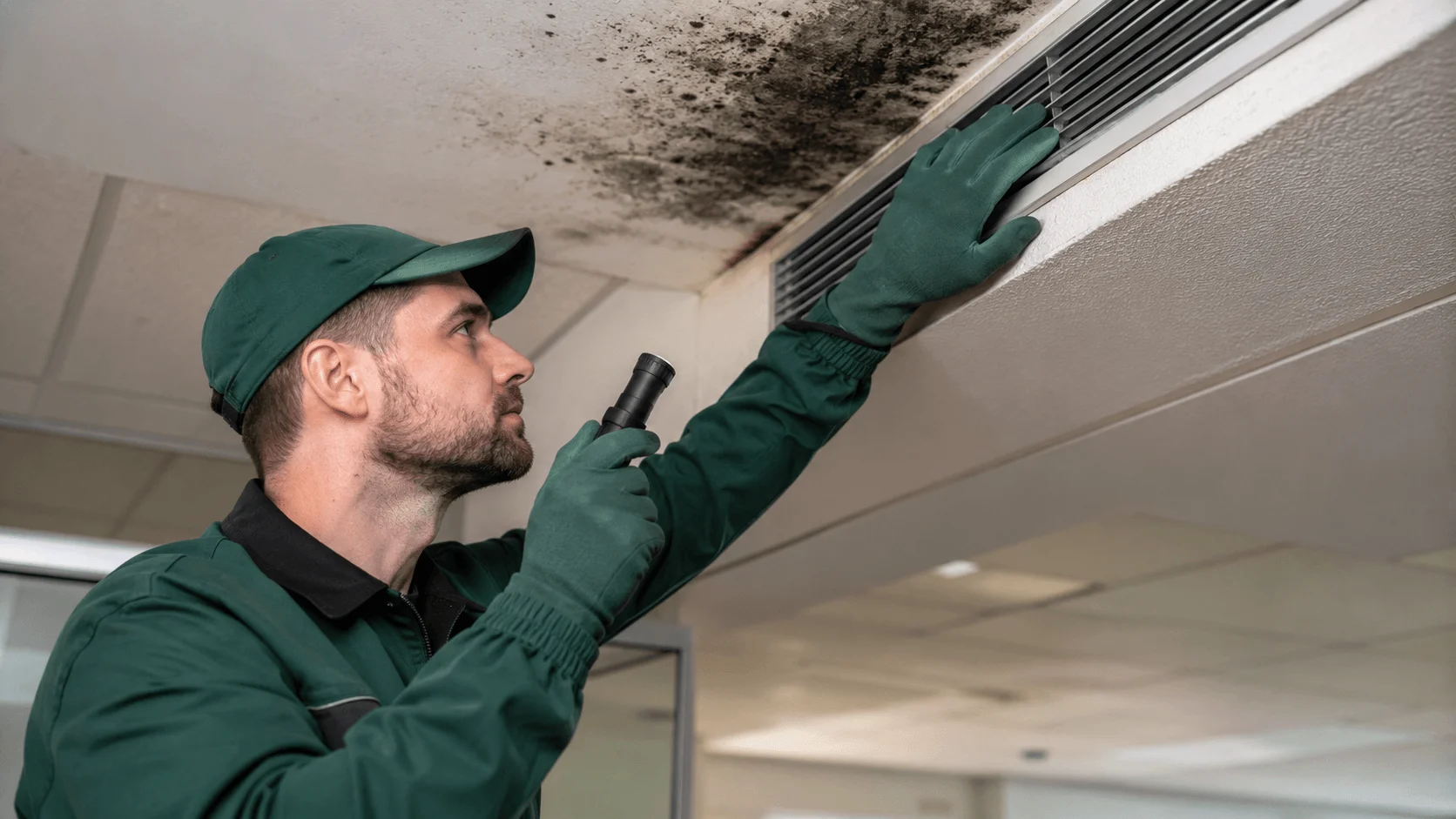 Commercial mold remediation technician treating mold in a Florida office building