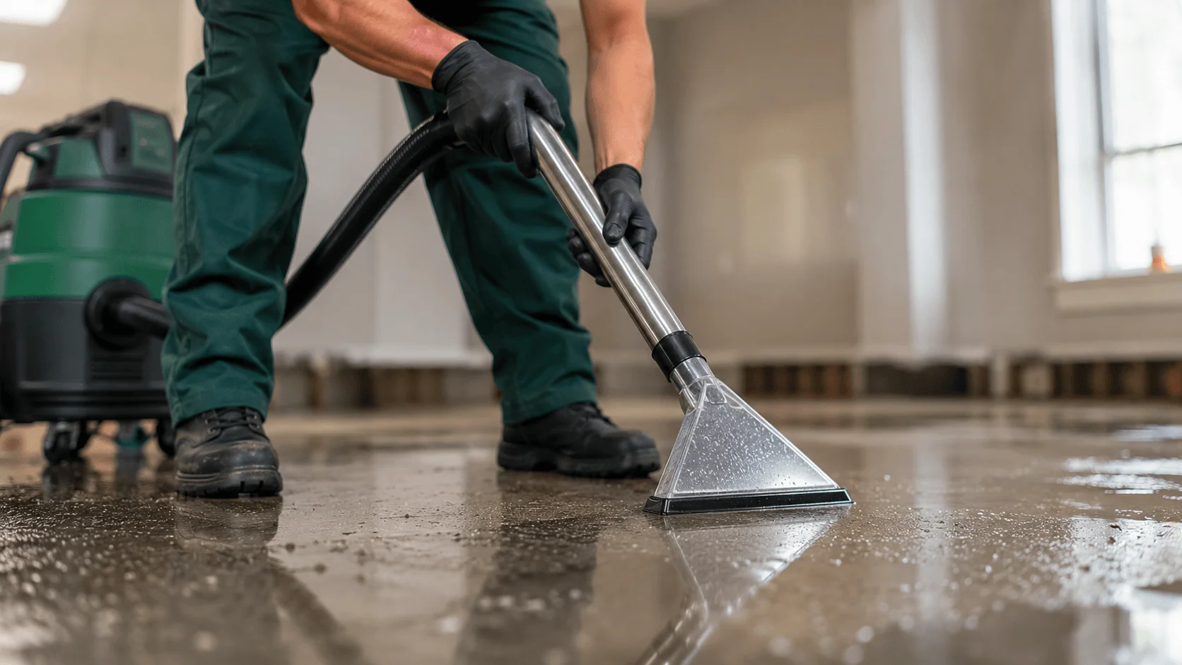 Water damage restoration technician extracting standing water from a flooded Florida home floor