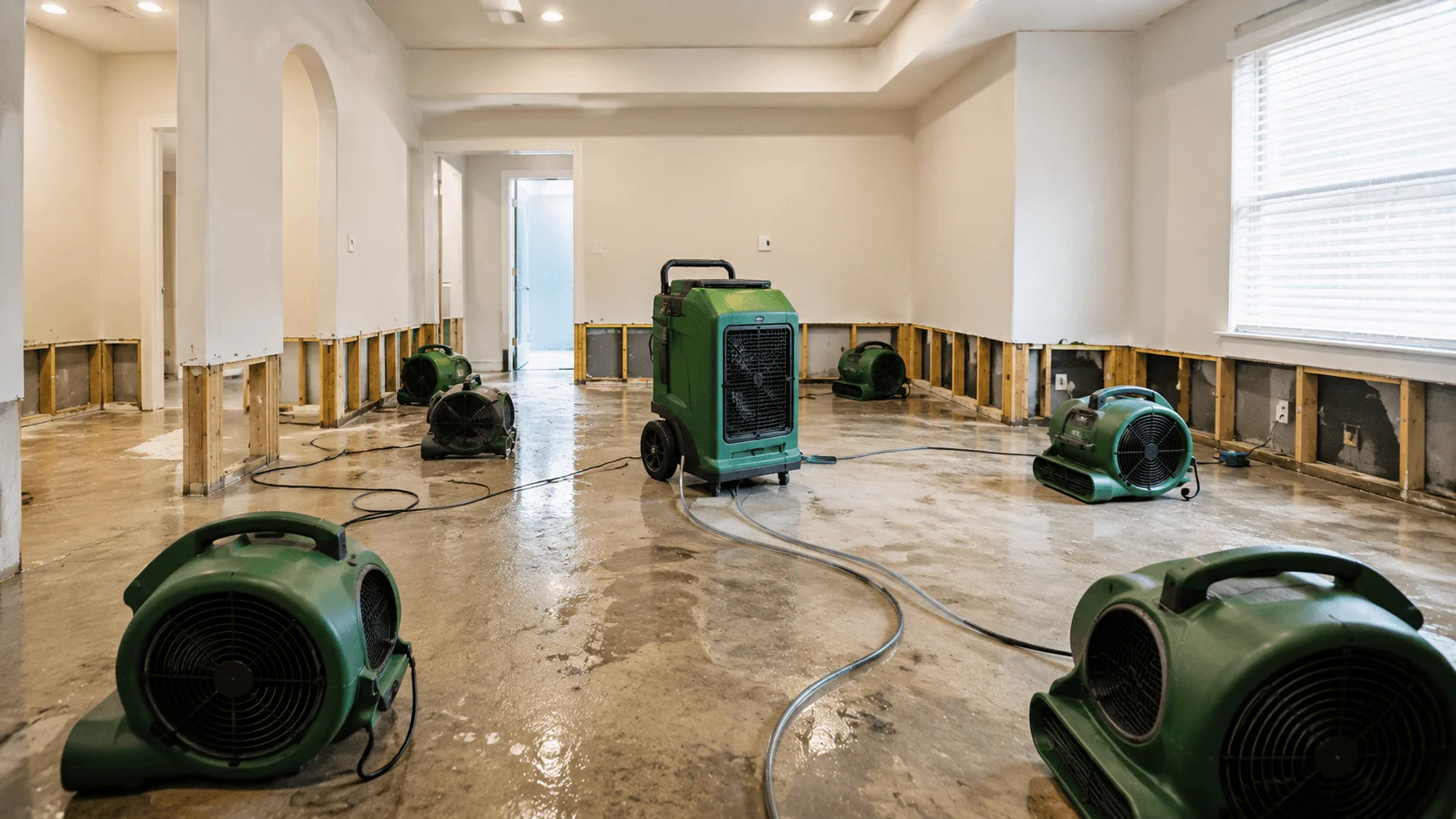 Air movers and commercial dehumidifier drying a water-damaged room during restoration in Florida