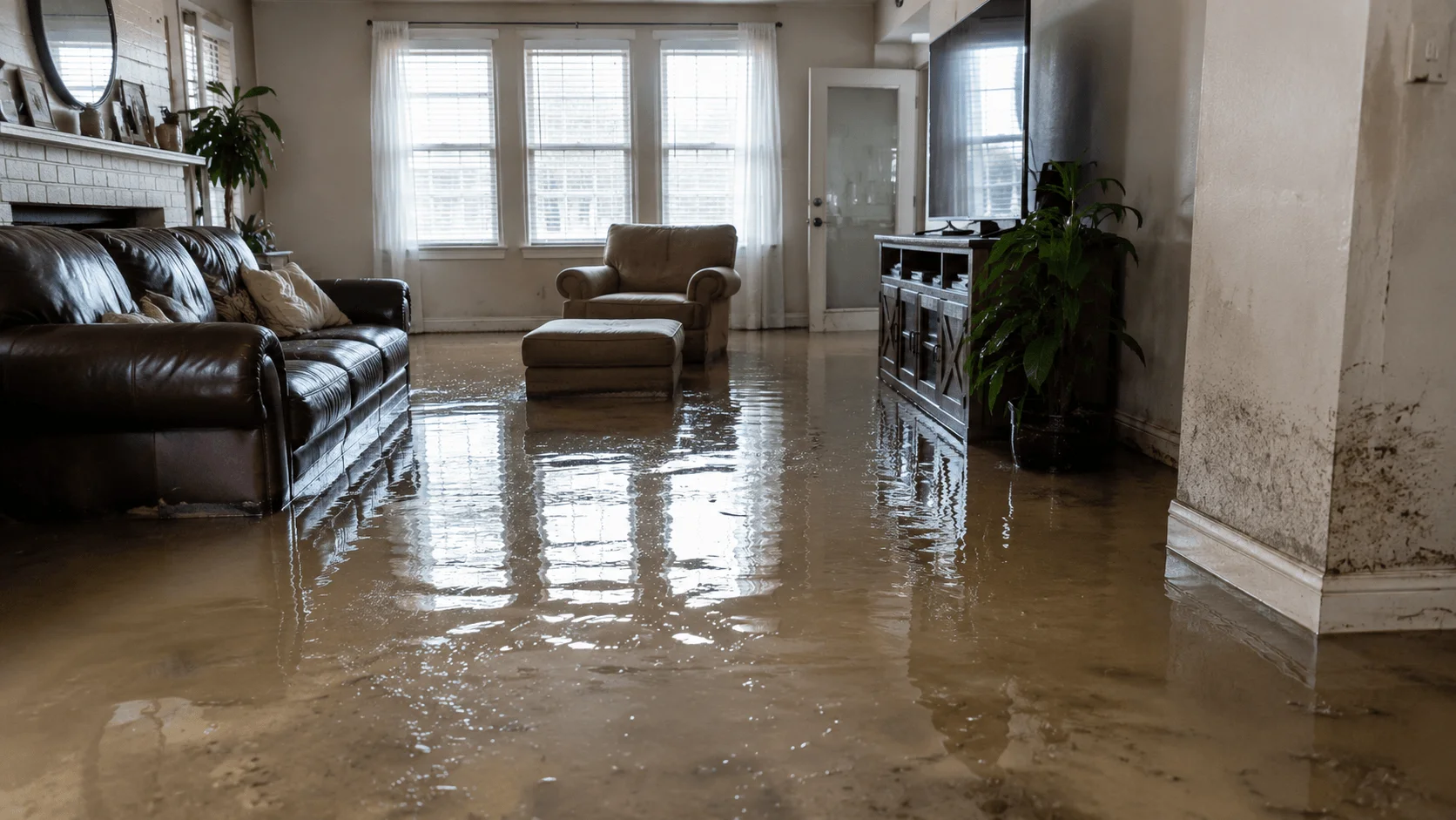 Flooded living room with standing water and water-damaged flooring before professional restoration in Florida