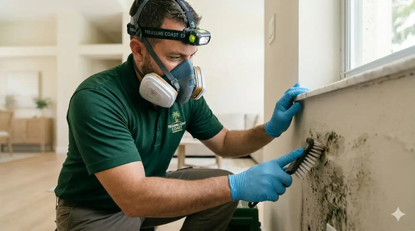 Certified mold removal technician inspecting and treating wall mold in a Florida home