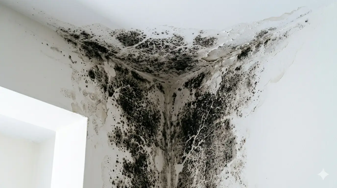 Black mold spreading across an interior wall before professional mold removal in Florida