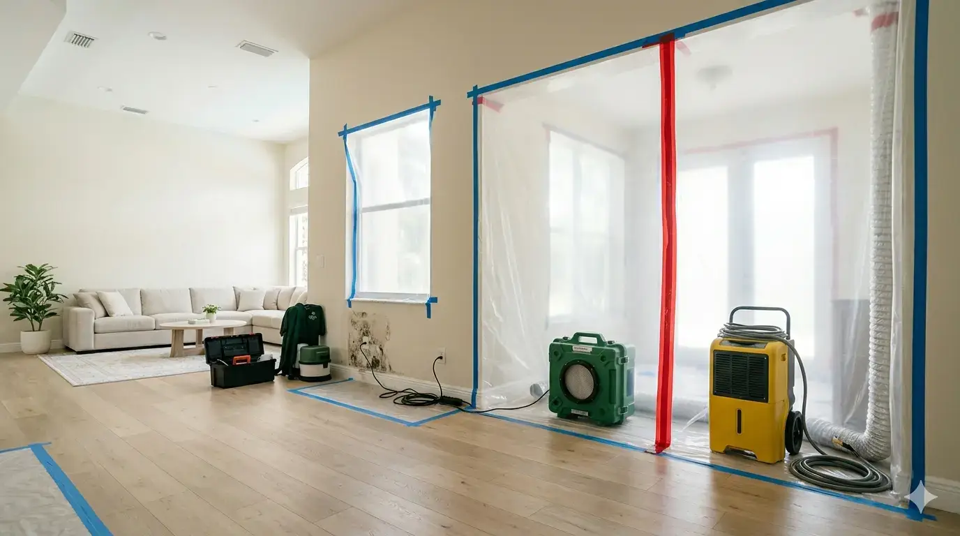 Mold removal process with containment sheeting and HEPA air scrubber set up in a Florida home