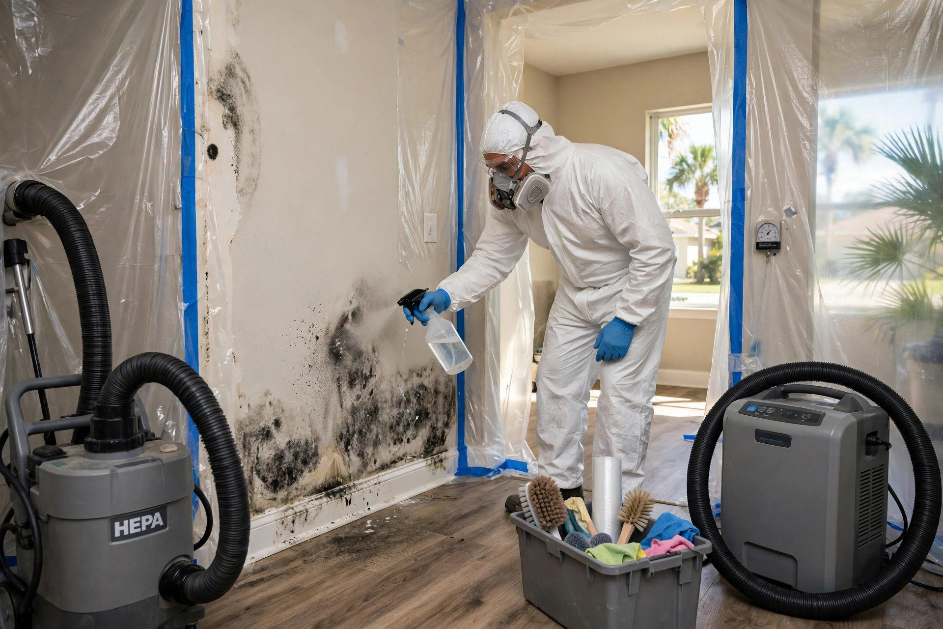 Technician inspecting mold damage in a Florida home for a remediation cost estimate